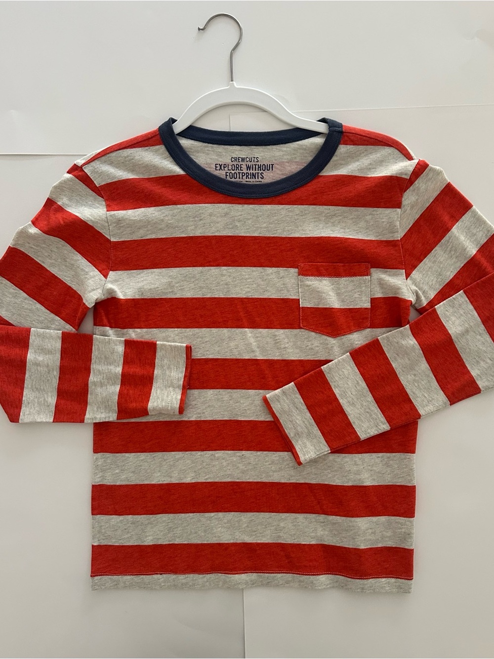 Crewcuts Cotton Red and Gray Striped Long-Sleeve Pocket Tee, youth 12